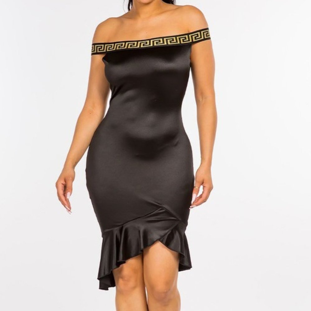 Off the Shoulder Greek Key Trim Print Bodycon Midi Dress